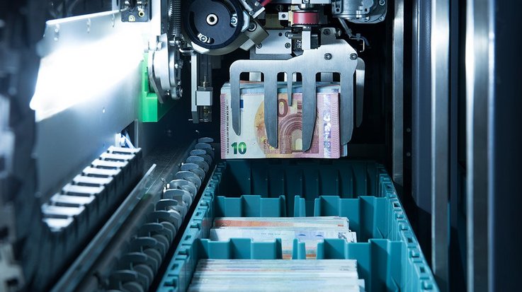 View inside a banknote processing machine sorting euro banknotes into NotaTrays